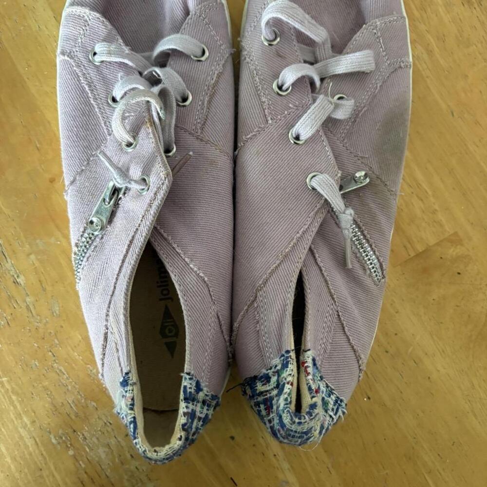 Pink & purple canvas sneakers with blue & white checkered